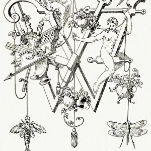 W - Allegoric figure of the Truth - Alphabet by T. de Bry (new artistic alphabet), 1880 (engraving)
