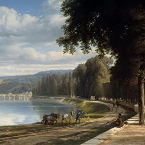 Walk to the Parc de Saint Cloud Detail on the banks of the Seine, horses on the towpath. Painting by Raymond Esbrat (1809-1856) 1850 Roanne. Joseph Dechelette Museum