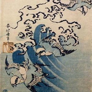 Waves and Birds, c. 1825 (colour woodblock print)