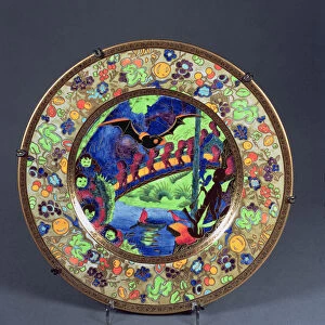 A Wedgwood Fairyland lustre Lincoln plate decorated with the Imps on a Bridge and Roc Centre patterns, c. 1915-21 (ceramic)
