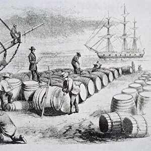 Whalers gauging oil in barrels, from The American Whale Fishery, c. 1850 (engraving)