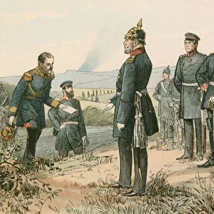 Wilhelm I, King of Prussia and Emperor of Germany (1797-1888), receiving Napoleon IIIs surrender in 1870 after the Battle of Sedan (colour litho)