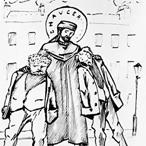 William Morris and Edward Burne-Jones being blessed by Chaucer, cartoon, 1896 (pen & ink)
