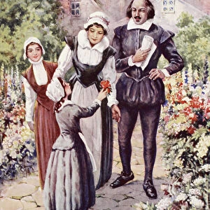 William Shakespeare, with his wife and two daughters, in the garden at New Place, Stratford-upon-Avon (colour litho)