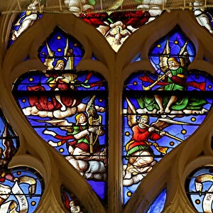 Window depicting Angel Musicians, Trumpet, Harp, Flute, Organ (stained glass)