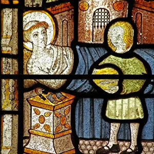 Window n5 depicting St Neot receives the two fish (stained glass)