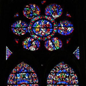 Window w102 depicting St Peter and St Andrew; Soissons Cathedral and a Bishop