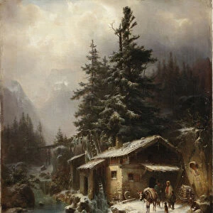 Winter landscape with figures resting near a water mill, 1866 (oil on canvas)