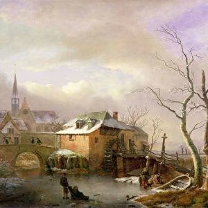 A Winter Landscape with Peasants on a Frozen Millpond by a Village (oil on canvas)