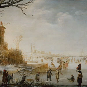 Winter Landscape with Skaters (oil on wood)