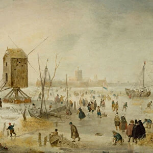 Winter Landscape with Skaters on a River by a Windmill (oil on copper)