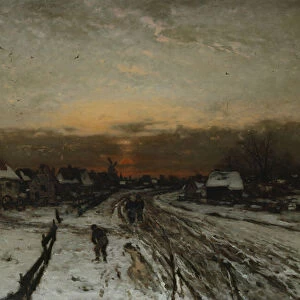 Winter landscape with sunset (oil on canvas)