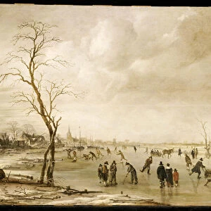 A Winter Landscape with Townsfolk Skating and Playing Kolf on a Frozen River