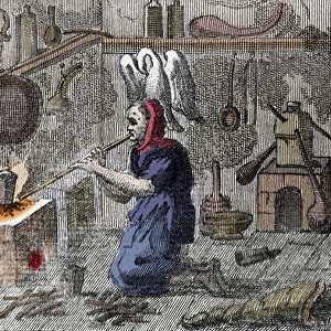 A witch in her laboratory preparing a magic potion, right a horn filled with magic herbs