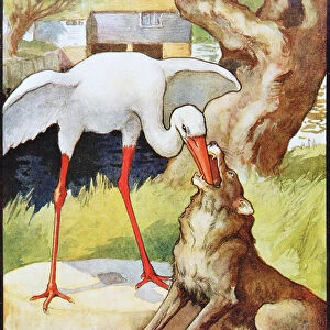 The Wolf and the Crane from Aesops Fables, pub. by Raphael & Sons Ltd. London (book illustration)