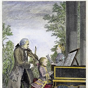 Wolfgang Amadeus Mozart child on piano surrounded by his father Leopold on violin