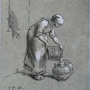 Woman at a Well (black chalk heightened with white on blue paper)