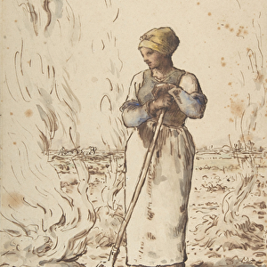 A Woman Burning Weeds, c. 1850-59 ( pen and ink, w / c and wash over graphite on laid paper)