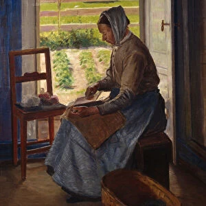 Woman Carding (oil on canvas)