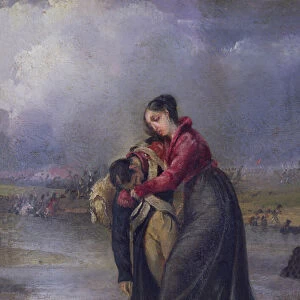 Woman carrying a wounded soldier during the Napoleonic wars (oil on canvas)