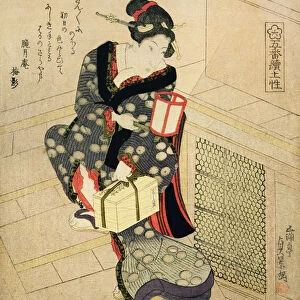 Woman climbing the stairs holding a lamp and a box (colour woodblock print)