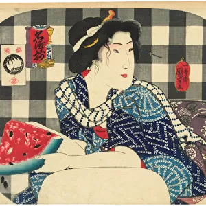 A woman holding a slice of watermelon, from the series Famous Brands of Sake