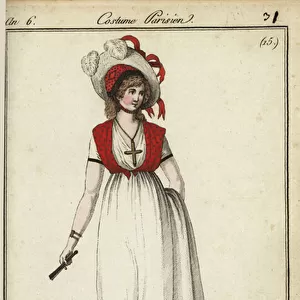 Woman in Lisbeth hat in the fashion of 1798 (handcoloured copperplate engraving)