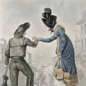 A woman paying a street sweeper to cross a gangplank over a dirty street (colour litho)