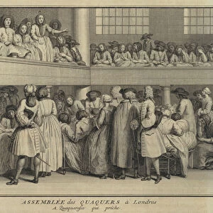 Woman preaching at a meeting of Quakers in London (engraving)