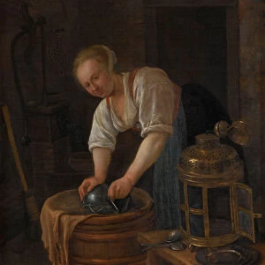 Woman scouring metalware, 1650-60 (oil on panel)
