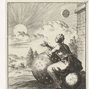 Woman Seated on a Earth Globe and Leaning on a Celestial Globe Looking at the Sunset