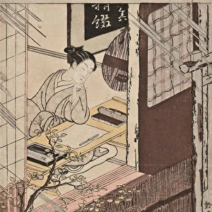 A woman seated at a writing desk looking out at the rain