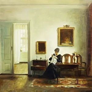 A Woman Sewing in an Interior (oil on canvas)