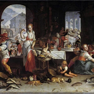 A woman spins a chicken in a kitchen filled with food. Painting by Joachim Wtewael