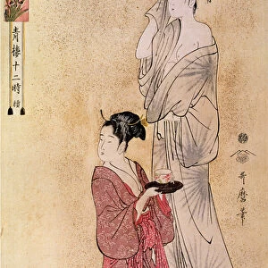 Woman has her toilet helped by her handmaid Japanese print by Utamaro Kitagawa (1753-1806