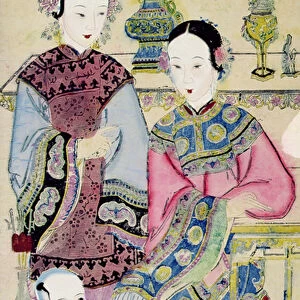 Two women with a child, Yangliuqing (colour woodblock print)