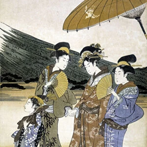 Three women and children, Japanese print, 19th century