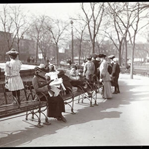 Women and children on park benches in Union Square, New York, 1903 (silver gelatin print)