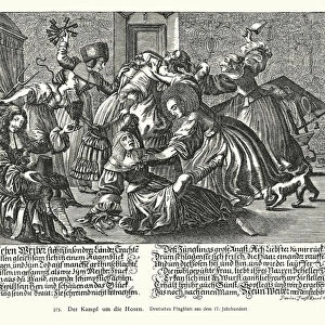 Women fighting over mens breeches (engraving)