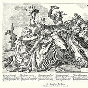 Women fighting over a pair of mens breeches (engraving)