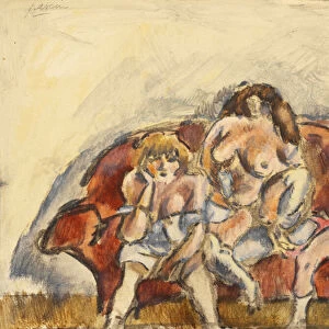 Three Women on a Red Sofa (w / c on paper)