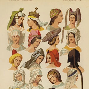 Womens hats and headdresses, 13th-16th Century (chromolitho)
