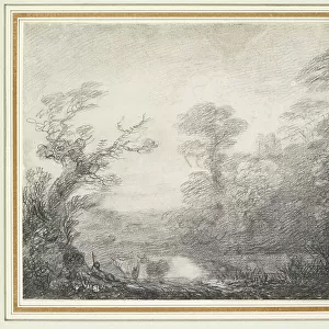 Wooded landscape with herdsman, cows and church tower, 1753-1757 (graphite on laid paper)