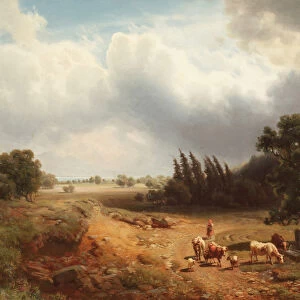 Wooded landscape with a shepherdess and her cattle, 1862 (oil on canvas)