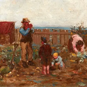 Working in the Vegetable Patch (oil on board)