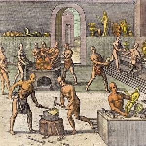 The workshop of Atahualpas goldsmiths in Quito, from an account by Girolamo Benzoni
