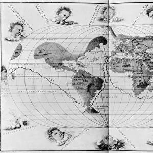 World map tracing Magellans world voyage, from the Portolan Atlas of the World, c
