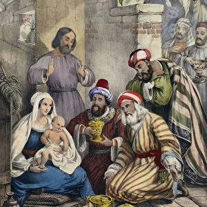 The worship and offerings of the wise men (coloured engraving)