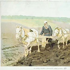The writer Lev Nikolaevich Tolstoy (1828-1910) ploughing with horses, 1889 (colour litho)