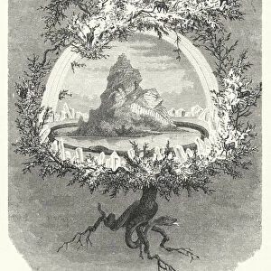 Yggdrasil, mythical ash tree of Norse cosmology (engraving)